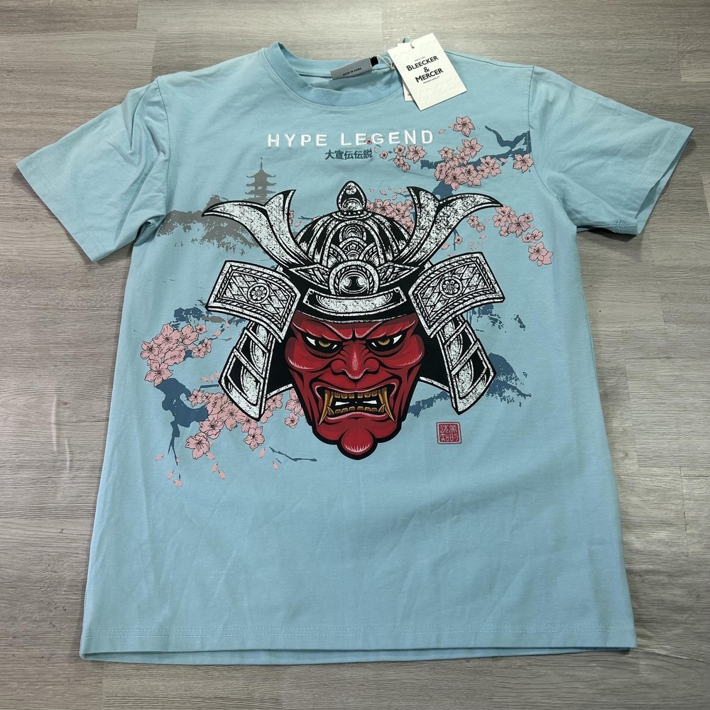 NEW Bleecker & Mercer Shirt Mens Medium Blue Samurai Hype Legend Graphic Tee